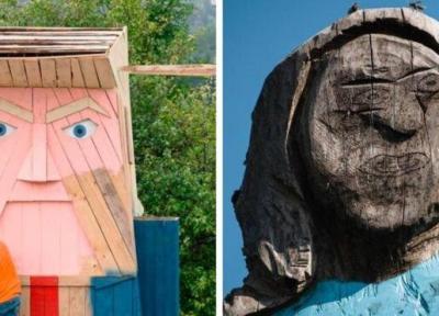 مجسمه چوبی ترامپ در کنار مجسمه عجیب ملانیا جنجال آفرید، عکس