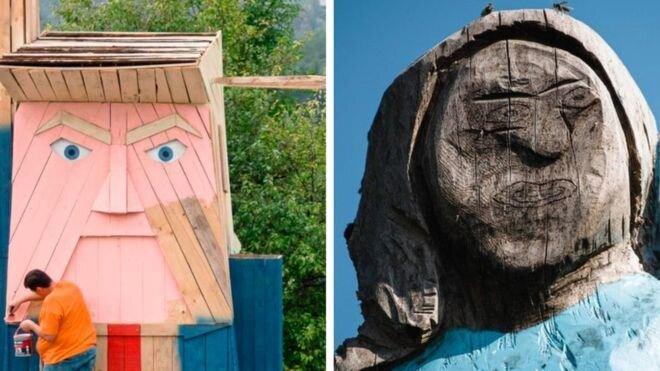 مجسمه چوبی ترامپ در کنار مجسمه عجیب ملانیا جنجال آفرید، عکس